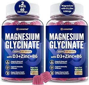 Magnezyum Glycinate 500 mg/250 mg for Yetişkinler için - Plus D3,B6 & çinko - Magnezyum Glycinate Gummies, Yüksek Aborpsiyon - Rahatlama için Destek,Brain,Bone & Immunity Health - Sugar Free - 120Cts