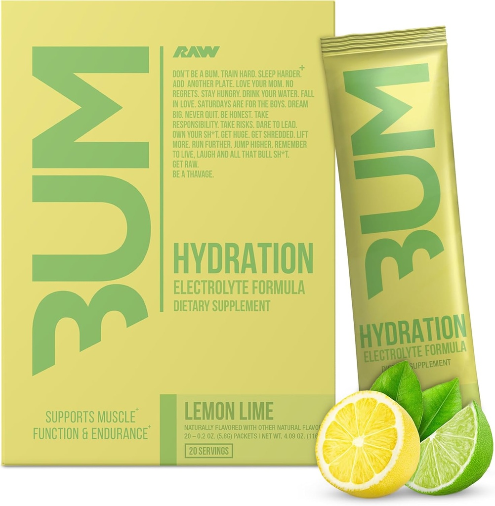RAW Electrolytes Toz Hydration Drink Mixets, Bum Hydrate (Lemon Lime, 20 hizmet) - Electrolyte Hydration Packets Supports Muscle Function & Endurance - Keto Free Electrolytes Toz Packets