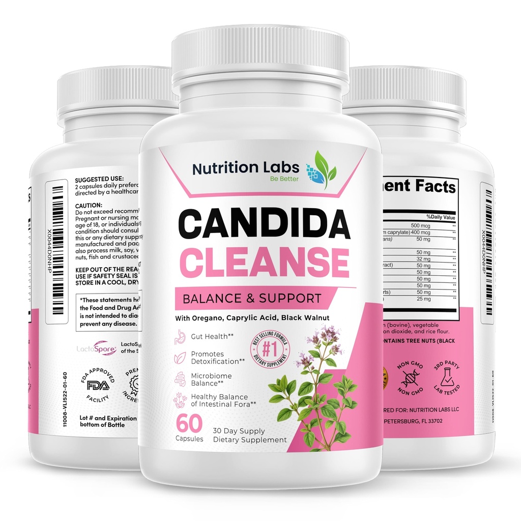 Candida Cleanse Supplement for Balance & Support, Candidase Detox, Women & Men. Gut Health & Flora, PH Level, Intestinal Health. Lactospore® Probiyotiks. Anti Yeast Overgrowth W/ Oregano, Caprylic Acid