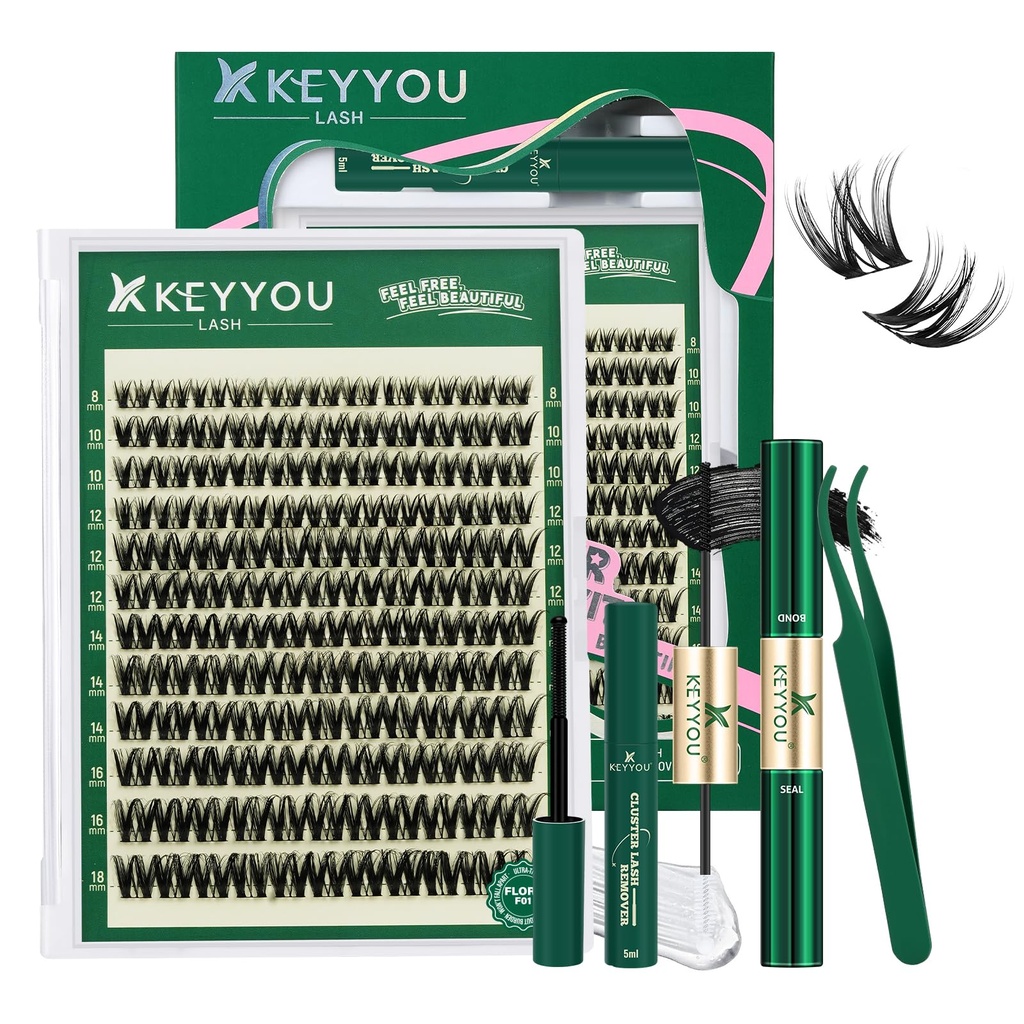 KEYYOU Flora Lash Clusters Kit Flaunt D Curl Natural Lashes 132pcs Lash Extension Kit 8-18mix Lash Clusters Fluffy Lashes with Ultra-Thin Soft Band with Remover Waterproof Bond and Seal(F01 Kit)