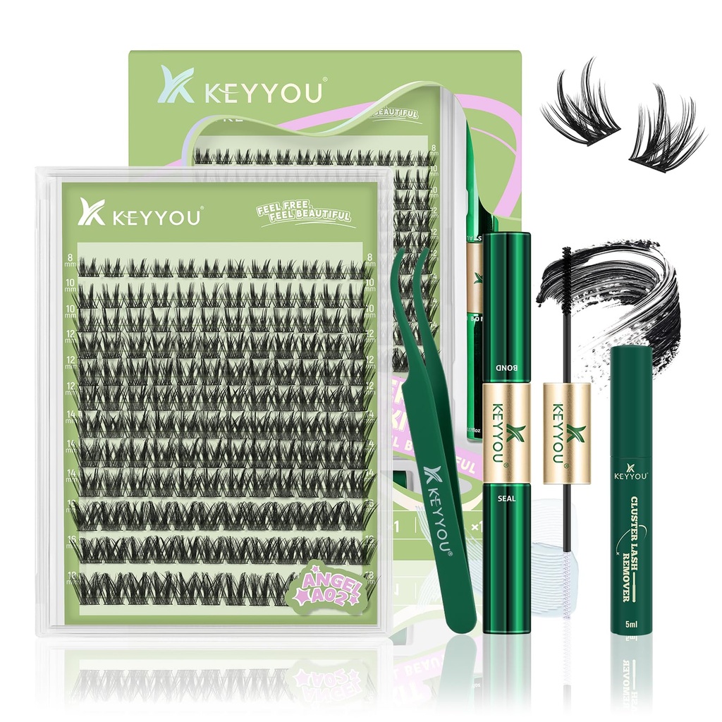 KEYYOU Angel A02 Lash Clusters Kit with Bond,Seal, Remover, and Tweezers | Angel natural lash clusters. 8-18mix D curl. DIY at home. For daily wear & events.