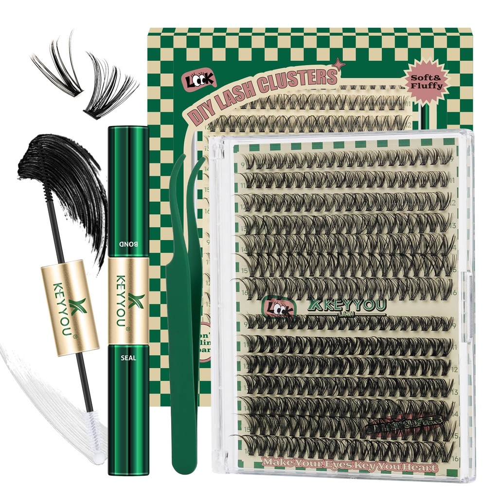 KEYYOU Lash Clusters Kit DIY Lash Extension Kit Eyelash Clusters Kit Individual Lashes Kit 0.07mm Fluffy Wispy D Curl Thin Band Lashes 30D+40D 9-16mm Mix 280pcs with Bond & Seal Glue Tweezers