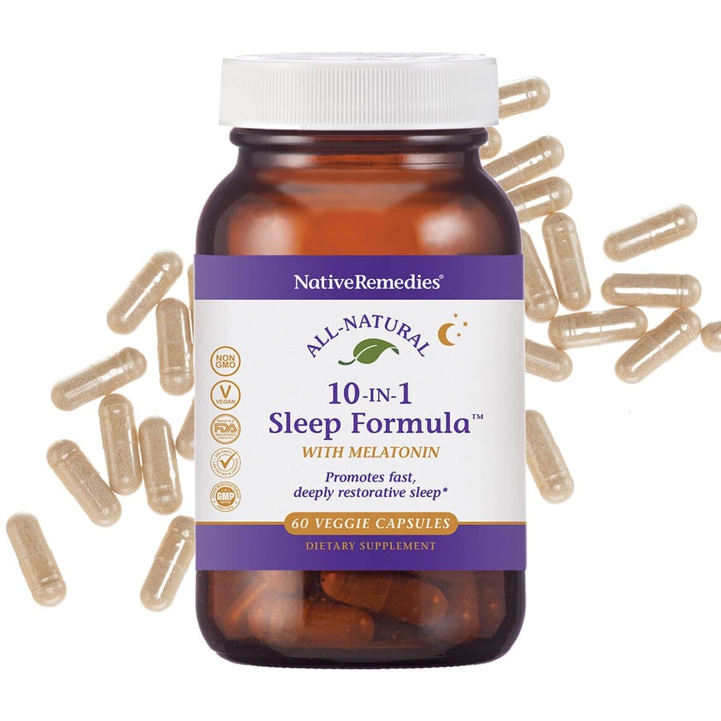 Native Remedies 10-σε-1 Natural Sleep Aid for Adults & Kids 4+ – Βότανο συμπλήρωμα ύπνου με μελατονίνη 5mg, Μαγνήσιο, Βαλεριανική ρίζα, Χαμομήλι & L-Tryptophan – Μη-Habit Forming, Vegan, 60 κάψουλες