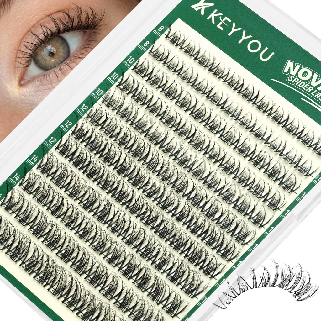 KEYYOU Spider Lash Clusters Flora Nova Wispy Eyelash Clusters Natural D Curl 8-16mm Clusters Eyelash Extension Ultra Thin Band Spider Lashes for Daily Makeup