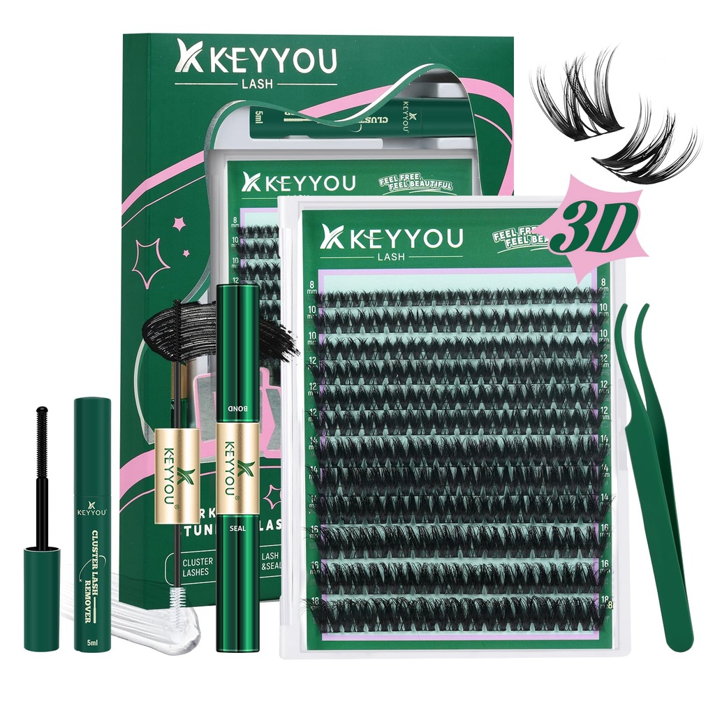 KEYYOU Flaunt Lash Clusters Kit 3D Spider DIY Lashes Extension Kit Thick Eyelash Clusters 144pcs Individual Lashes Fluffy Wispy Volume Lashes with Waterproof Lash Bond and Seal & Remover (F01)
