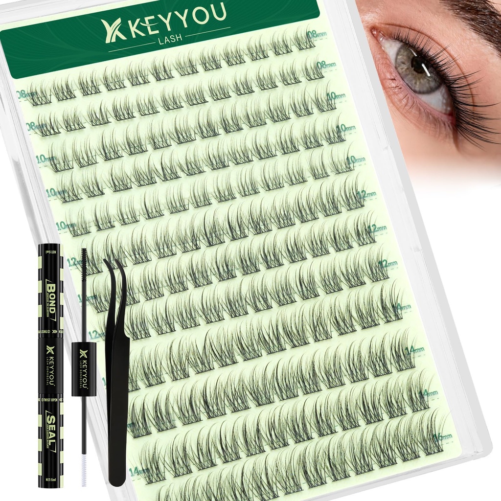 KEYYOU Lash Clusters Kit Natural 8-16MIX C Curl – Wispy Fluffy Lash Extension Kit 144pcs with Bond & Seal, Applicators Eyelash Clusters for DIY at Home for Natural Salon Look(Jungle)