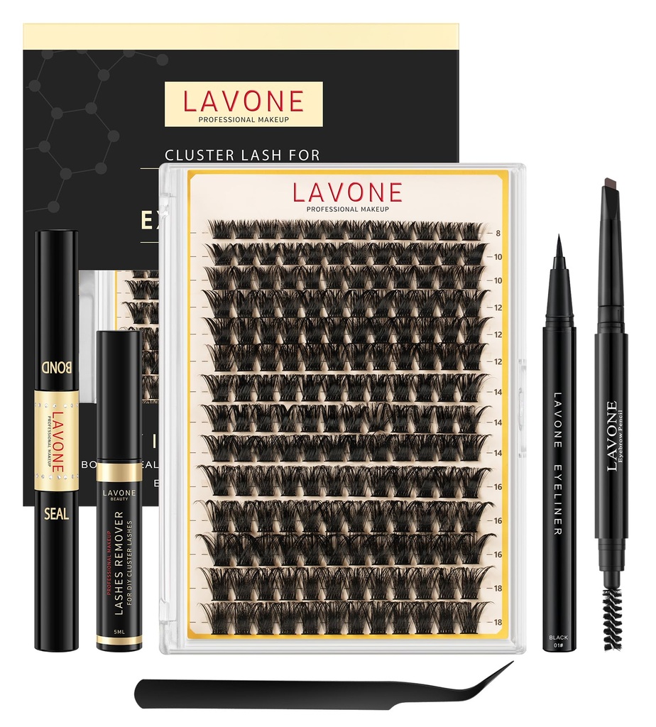 LAVONE Lash Clusters Kit, 168pcs D Curl DIY Individua Lashes, Waterproof Cluster Eyelash Extensions with Bond & Seal, Eyelashes Remover, Tweezers, Eyeliner and Eyebrow Pencil (WW088, 8-18mm)