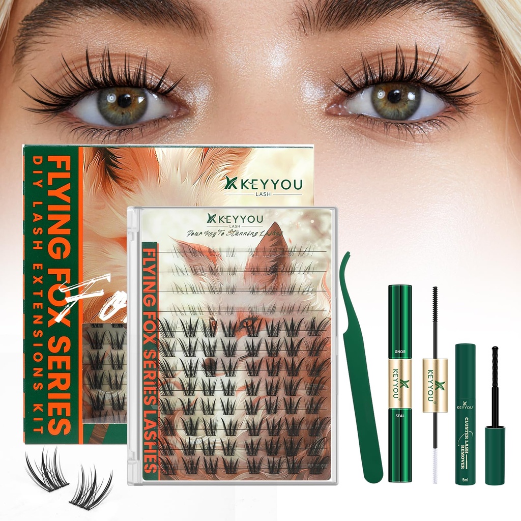 KEYYOU Lash Clusters Kit 96pcs Fox Eye Lashes Lash Extension Kit with Bottom Lash Clusters and Spikes Eyelash Extension Kit with Bond and Seal Applicator and Remover for DIY Fox Lashes at Home(TuShan)