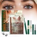 KEYYOU Lash Clusters Kit 96pcs Fox Eye Lashes Lash Extension Kit with Bottom Lash Clusters and Spikes Eyelash Extension Kit with Bond and Seal Applicator and Remover for DIY Fox Lashes at Home(TuShan)