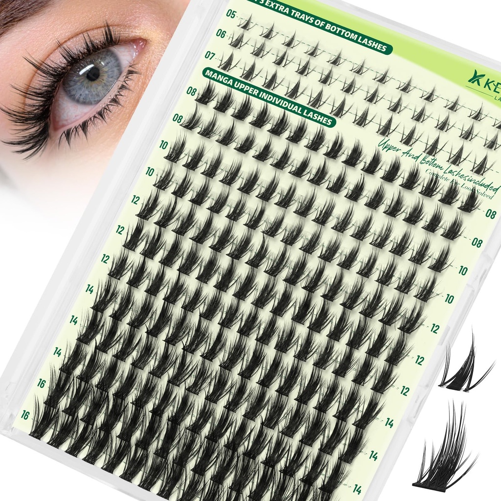 KEYYOU Manga lash clusters 216 Pcs C Curl Upper Lashes 8-16mm Mix and B Curl Lower Lashes 5-7mm Mix,Wispy Natural Invisible Band Anime Lash with Waterproof DIY Lash Extension at Home (Lash-Anime 01)