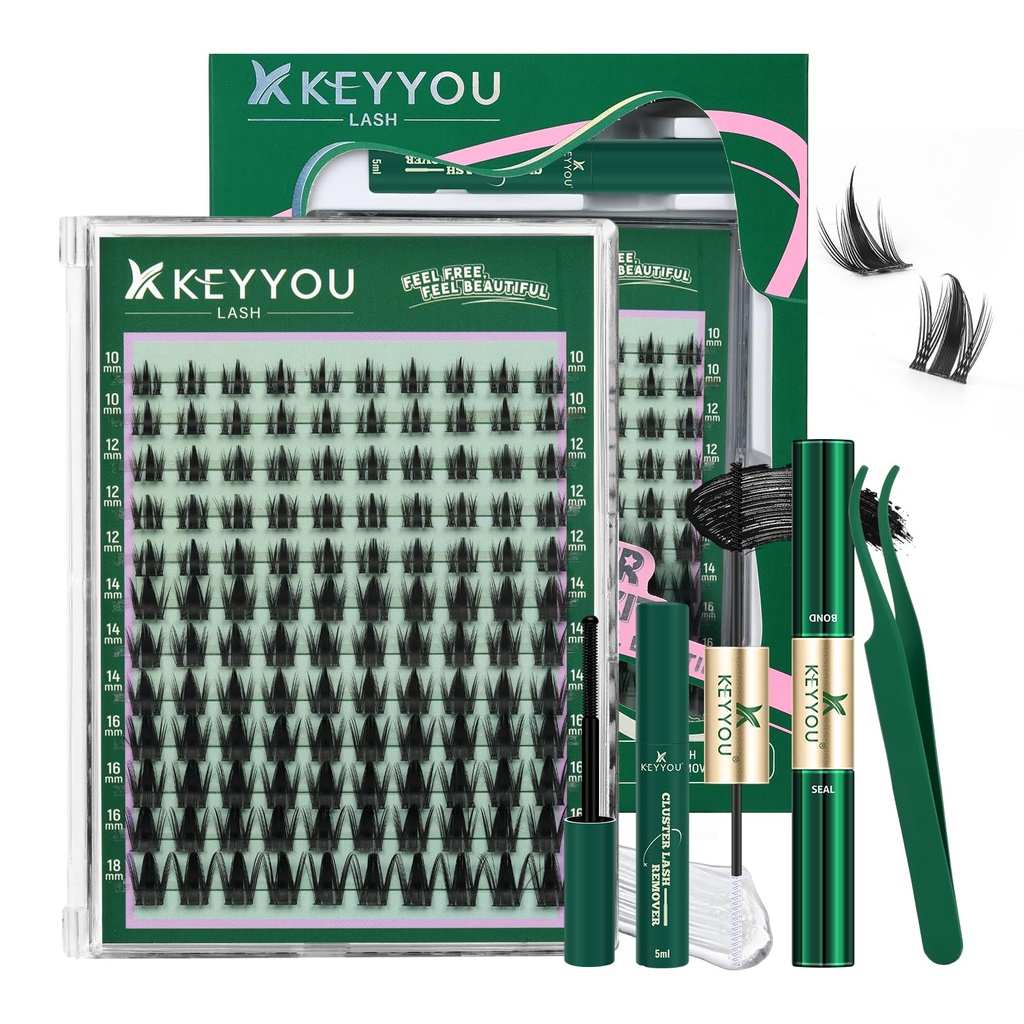 KEYYOU Lash Clusters Kit Manga Lashes Individual Wispy Lash Clusters with 10ml Remover Bond&Seal 10-18mm Eyelash Extension with Spikes D Curl Fairy Style Manga Cosplay DIY at home(F02 Kit)