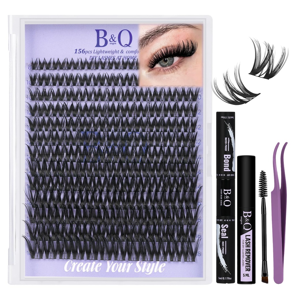 B&Q Flora Lash Clusters Kit 156PCS D-Curl Wet Look Wispy Lashes Mixed Lengths DIY Eyelash Clusters All-in-One Lash Extension Kit Natural Medium Dramatic for Sensitive Eyes Beginner-Friendly（B0X Kit）