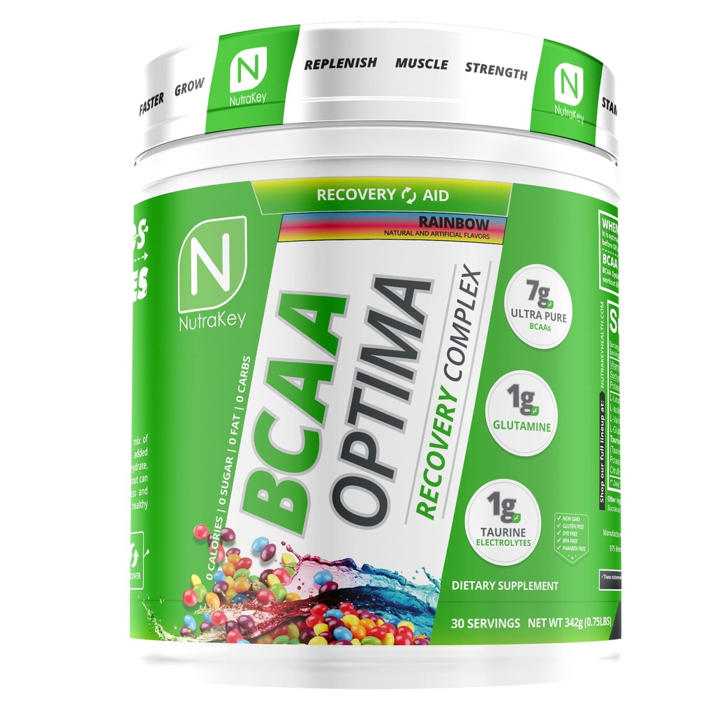 NutraKey BCAA Optima μετά το συγκρότημα αποκατάστασης προπόνησης, χωρίς ζάχαρη, χωρίς υδατάνθρακες, βοήθεια αποκατάστασης, ουράνιο τόξο