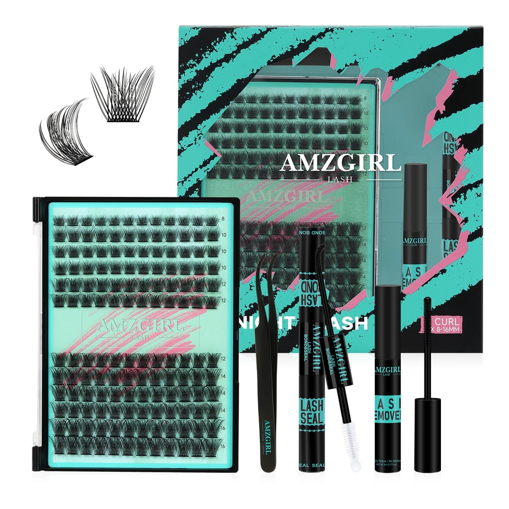 AMZGIRL LASH Midnight Wispy Lash Clusters Kit, 144 pcs DIY Lash Extension Kit Lash Bond and Seal, Lash Glue Remover and Applicator for Individual, Eyelash Clusters Kit (D Curl-Mix 8-16mm Kit)