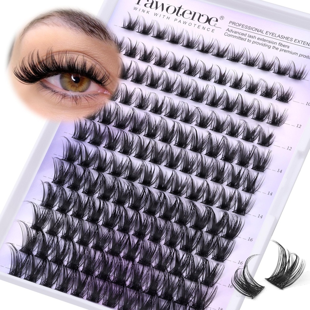 Pawotence Lash Clusters Wispy Kira Cluster Eyelash Extensions 10-18mm Individual Lashes DIY Cluster Lashes Extension Soft Comfortable Eyelash Clusters with Thin Band