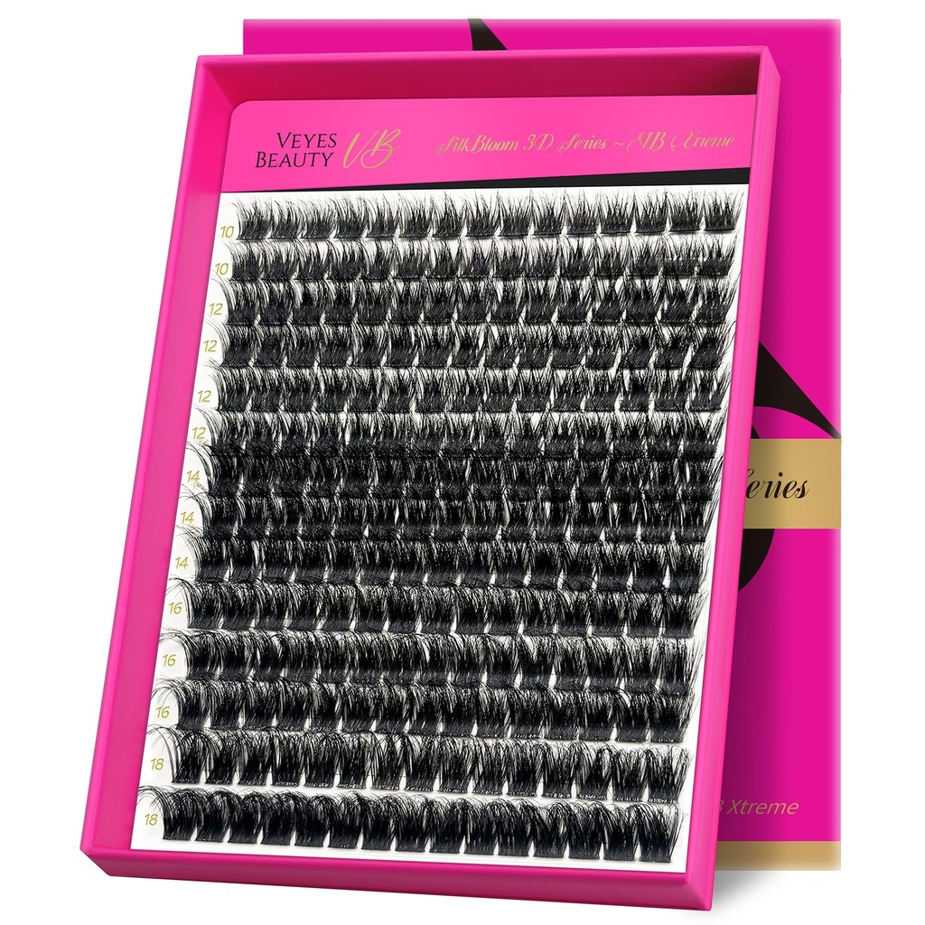 VEYESBEAUTY Lash Clusters Fluffy Individual Lash Extensions Xtreme 3D Layered Volume Eyelashes Thin & Invisible Band Wispy Spider Faux Mink Lash Silk Bloom 3D Series Mixed Length 10-18mm