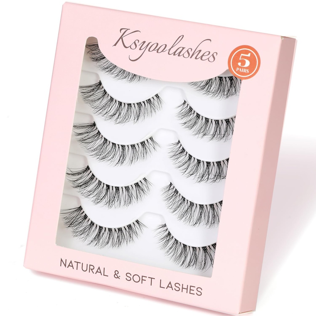 Natural Strip Lashes with Clear Band Wispy,8-15mm Cat Eye D Curl Strip Lashes That Look Like Extensions,3D Fluffy Faux Mink False Eyelashes Natural Look