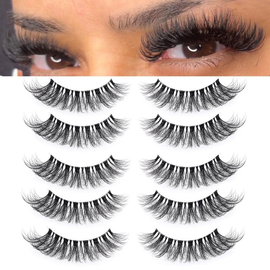 D Curl 12-20mm Long Fluffy Mink Lashes, Clear Band Faux Mink Dramatic Curl Lashes that Look Like Lash Extension,Big Wispy Thick Volume strips lashes-5 Pairs (Clear Band V2)