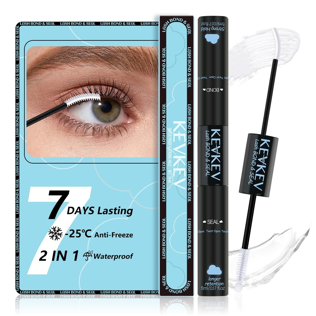 KEVKEV Lash Cluster Glue Upgraded Clear Lash Glue 7 Days Long Lasting 2-3S Fast Dry Lash Bond and Seal 2 in 1 Waterproof Latex-Free Easy To Apply (Clear 10ML)