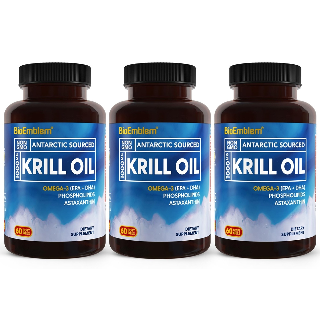 BioEmblem 3 Pack Antarktika Krill Oil 1000mg Softgels, Omega-3s Oil with High Levels of EPA + DHA, Astaxanthin ve Phospholipids, Supports Brain Health, 180-Count Non-GMO, Gluten Free, 90 Days Supply