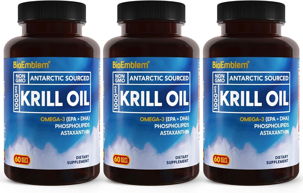 BioEmblem 3 Pack Antarktika Krill Oil 1000mg Softgels, Omega-3s Oil with High Levels of EPA + DHA, Astaxanthin ve Phospholipids, Supports Brain Health, 180-Count Non-GMO, Gluten Free, 90 Days Supply