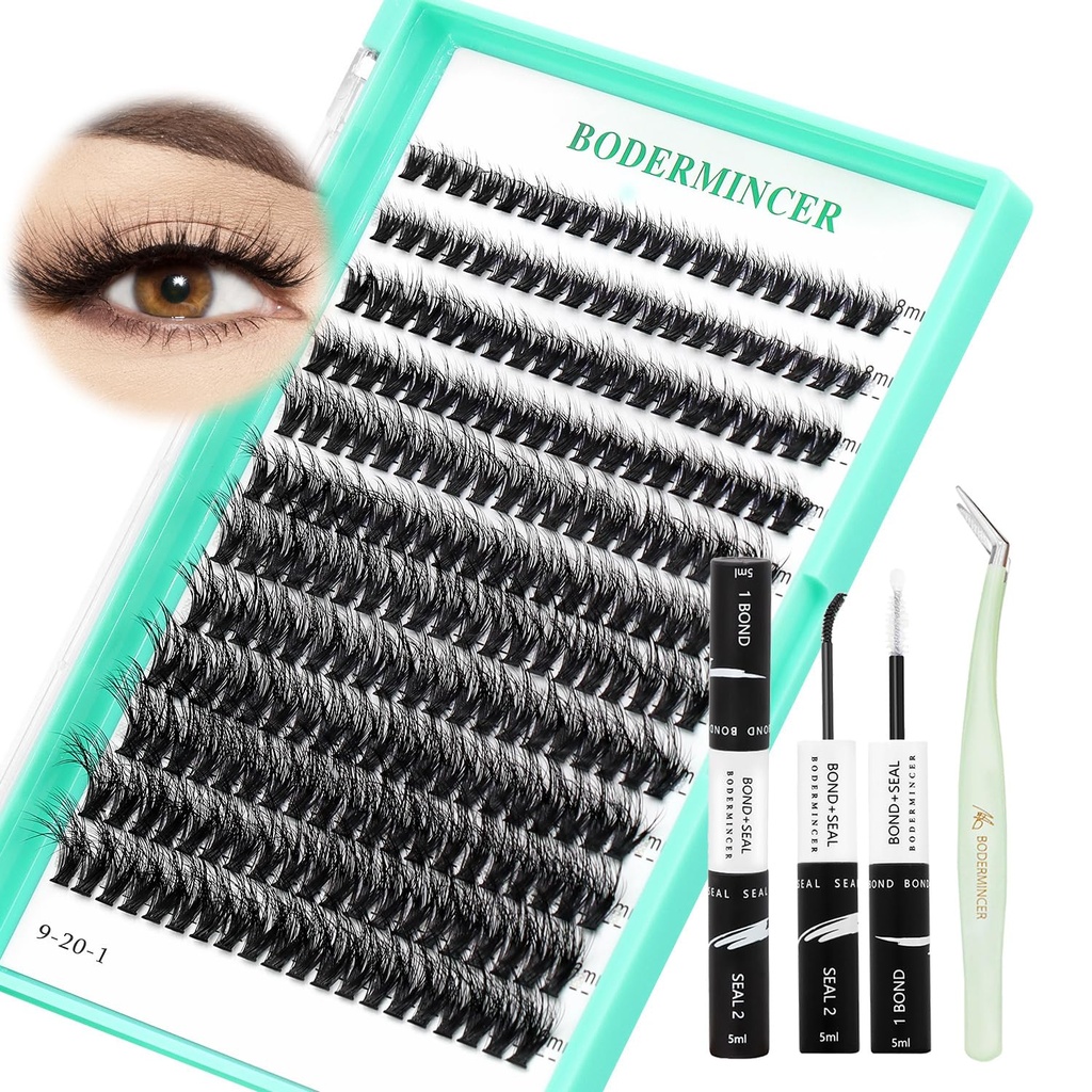 Bodermincer Lash Extension 240pcs 50D D Curl Fluffy Lash Clusters Kit With Bond and Seal,Tweezers Individual Cluster Lashes (50D Fluffy Lash Kit 8-16mm Mixed)