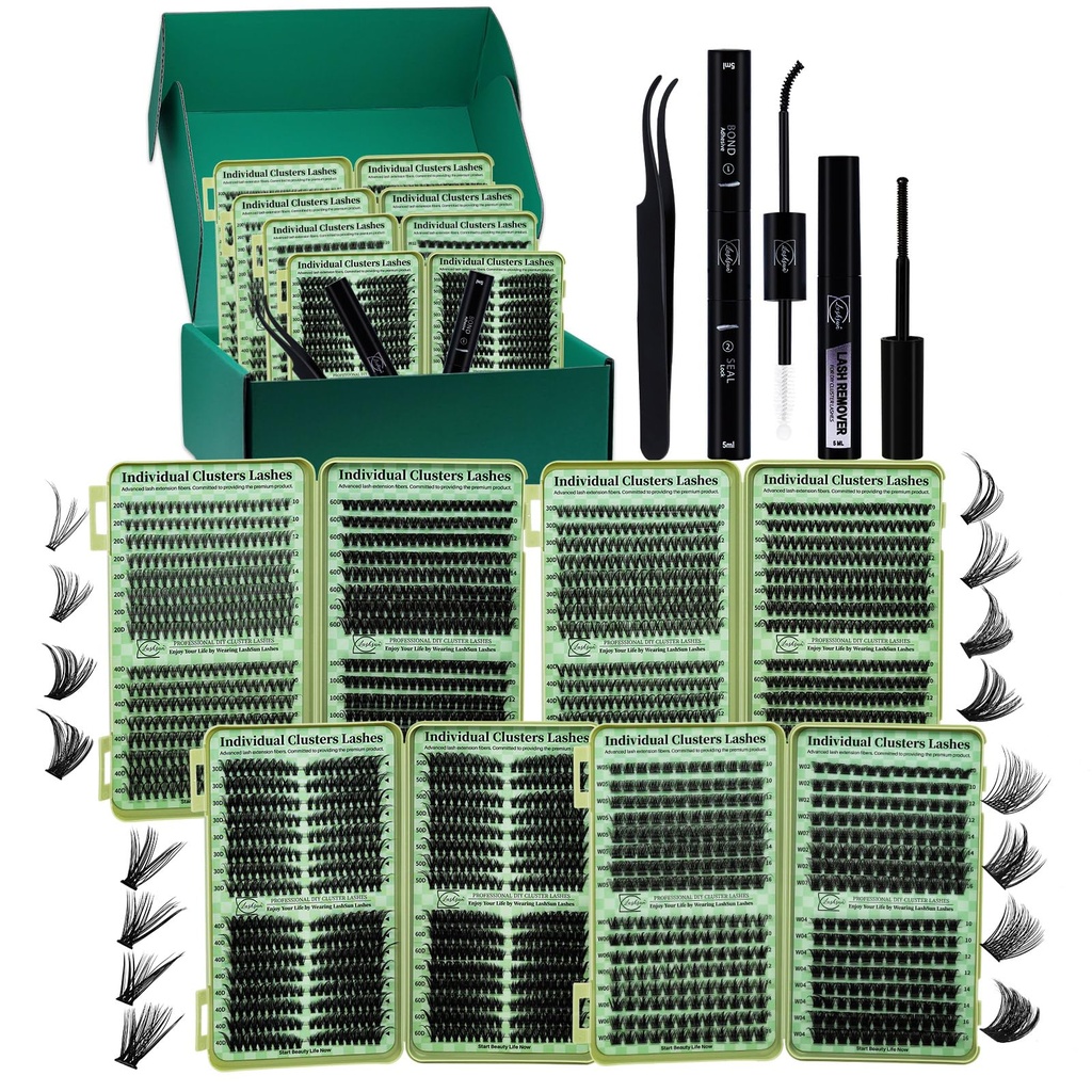 Lash Extension Kit DIY Cluster Lashes Gift Packs 4 Boxes Lash Clusters Eyelash Extensions Cat Eye Lashes Cluster Lash Kit with Lash Bond and Seal,Remover,Lash Tweezers,7 Counts(4 Boxes Kit-1)