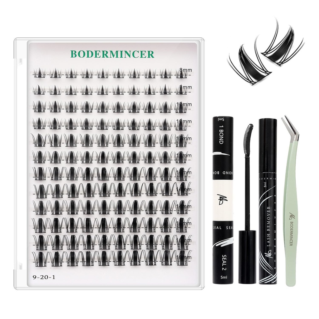 BODERMINCER Lash Clusters Kit 10-12-14-16mm Mixed Natural D Curl Fairy Lashes Pre-glue Lash Extension Kit Bond and Seal Kit For Self Use DIY at Home (Lash KIT Fairy 8-10-12-14-16mm MIX)