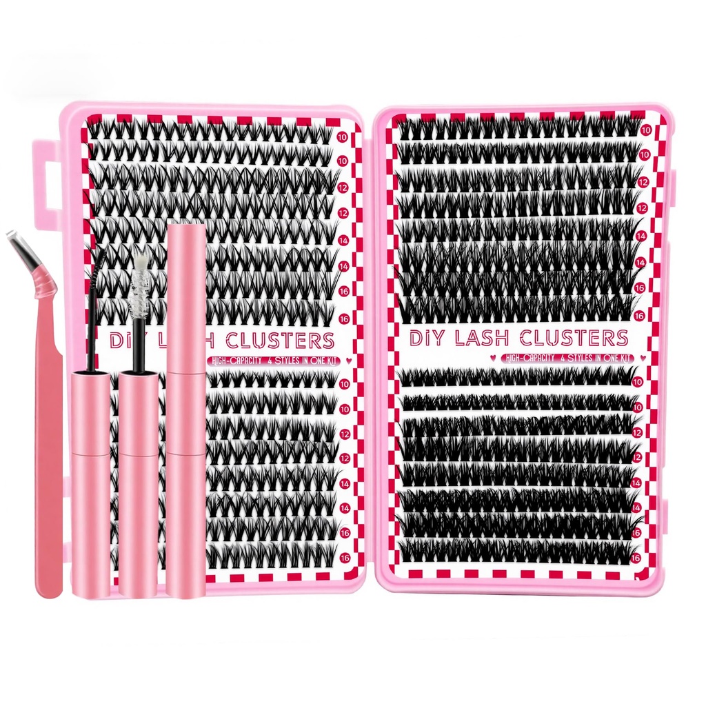 Lash Clusters Kit: 10-16mm Individual DIY Fake Eyelash, Waterproof with Lash Bond and Seal, Tweezers, Natural Pestañas Postizas Naturales. (640PCS-3/4/6/8)