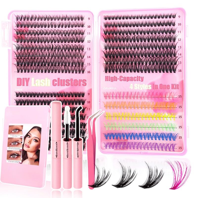 Lash Clusters Kit for Beginners: Complete DIY Eyelash Extension Set with 30D+40D+50D Mixed 9-16mm Lashes, Bond and Seal, Tweezers - Natural Look Reusable False Lashes - At Home