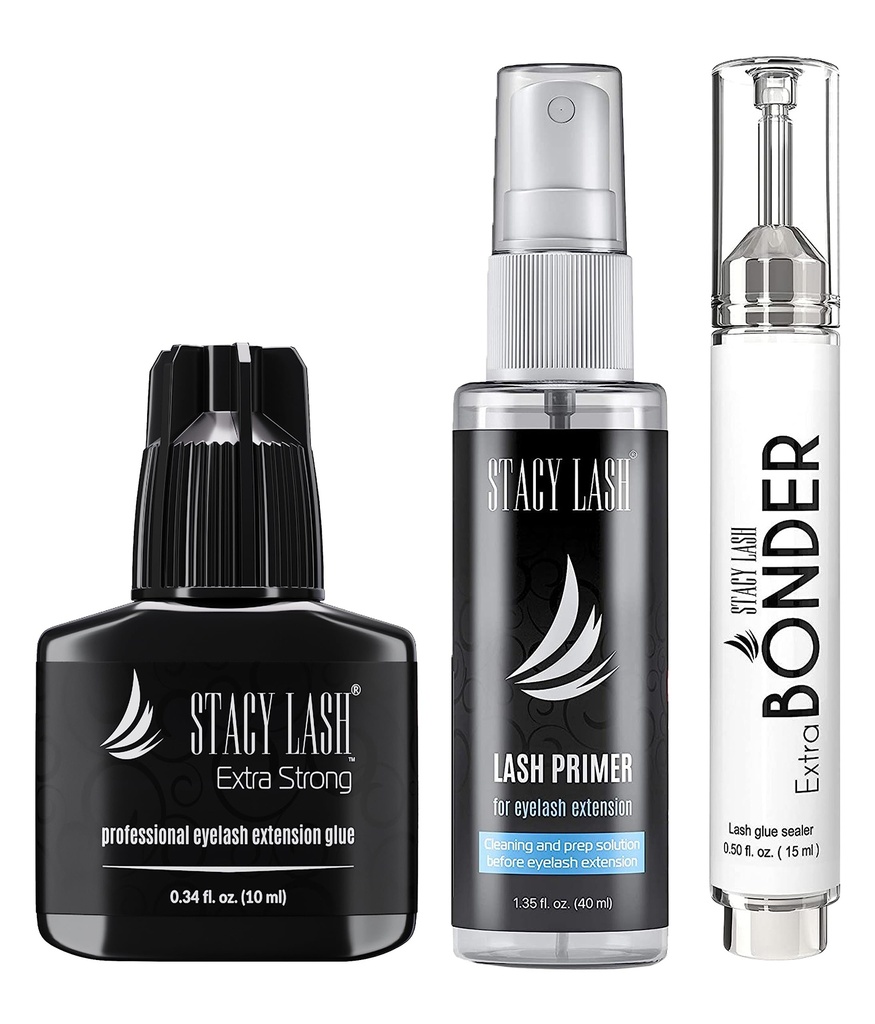 Extra Strong Eyelash Extension Glue 10ml & Extra Bonder 15ml & Primer/Cleanser 40ml - Stacy Lash/Black Adhesive 0.5-1 Sec Drying Time/Super Sealer/Protein Oil Remover/Professional Supplies