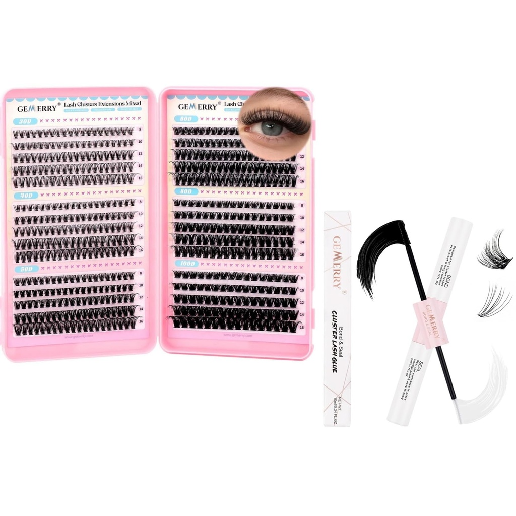 GEMERRY 565Pcs Lash Clusters D Curl + Lash Bond and Seal Waterproof