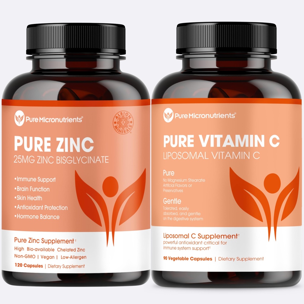 Pure Zinc Bisglycinate & Liposomal Vitamin C Immunity Bundle – High Absorption, Energy & Vitality, Gentle on Stomach, Clean Ingredients, Non-GMO, Easy-to-Digest Formula, Pure Micronutrients
