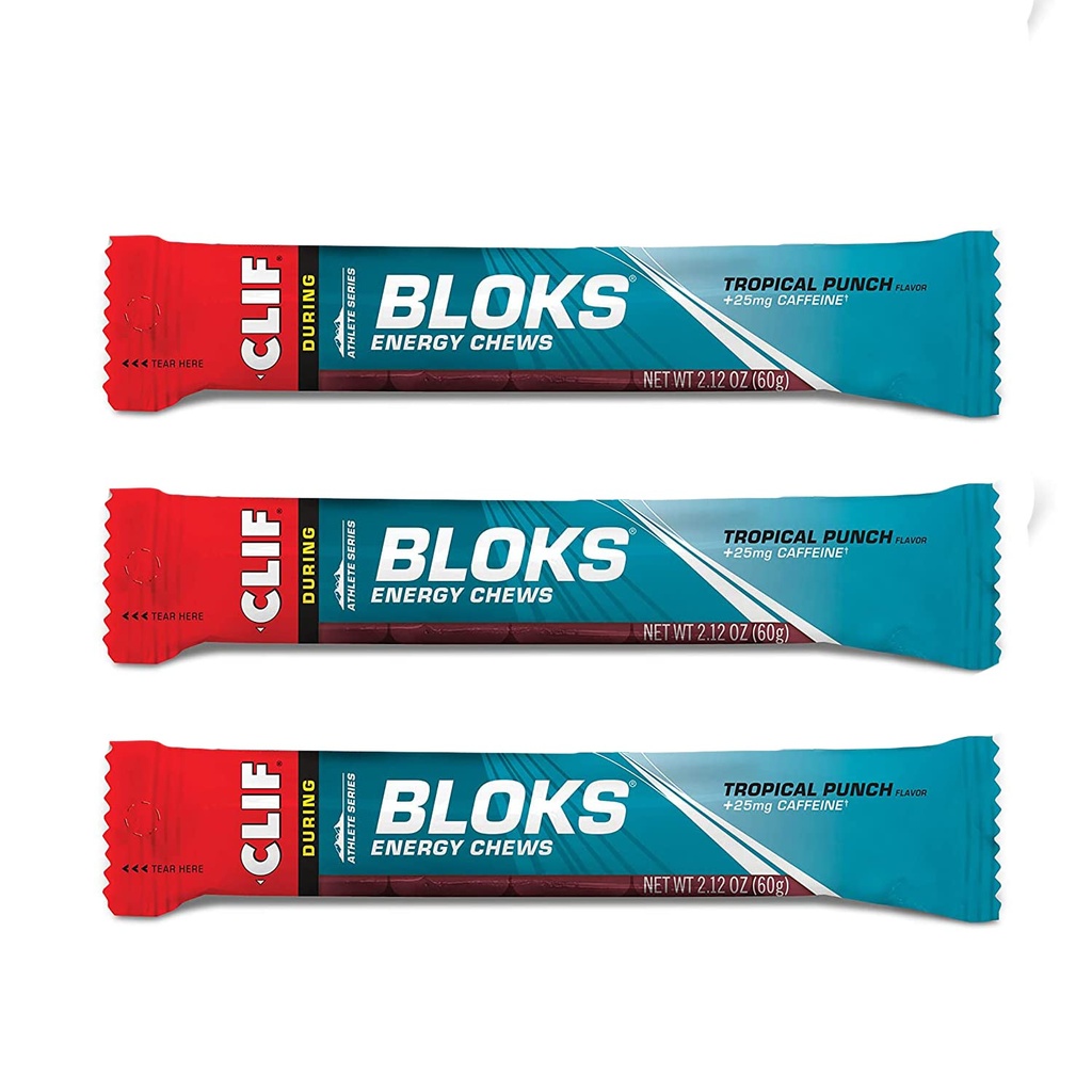 CLIF BLOKS - Ενεργειακά μάσημα - Τροπικό Punch με 25 mg καφεΐνη- μη-GMO - Φυτική βάση τροφίμων - Γρήγορο καύσιμο για την ποδηλασία και τη λειτουργία - Snack προπόνηση (2.1 Ounce Packet, 3 Count)