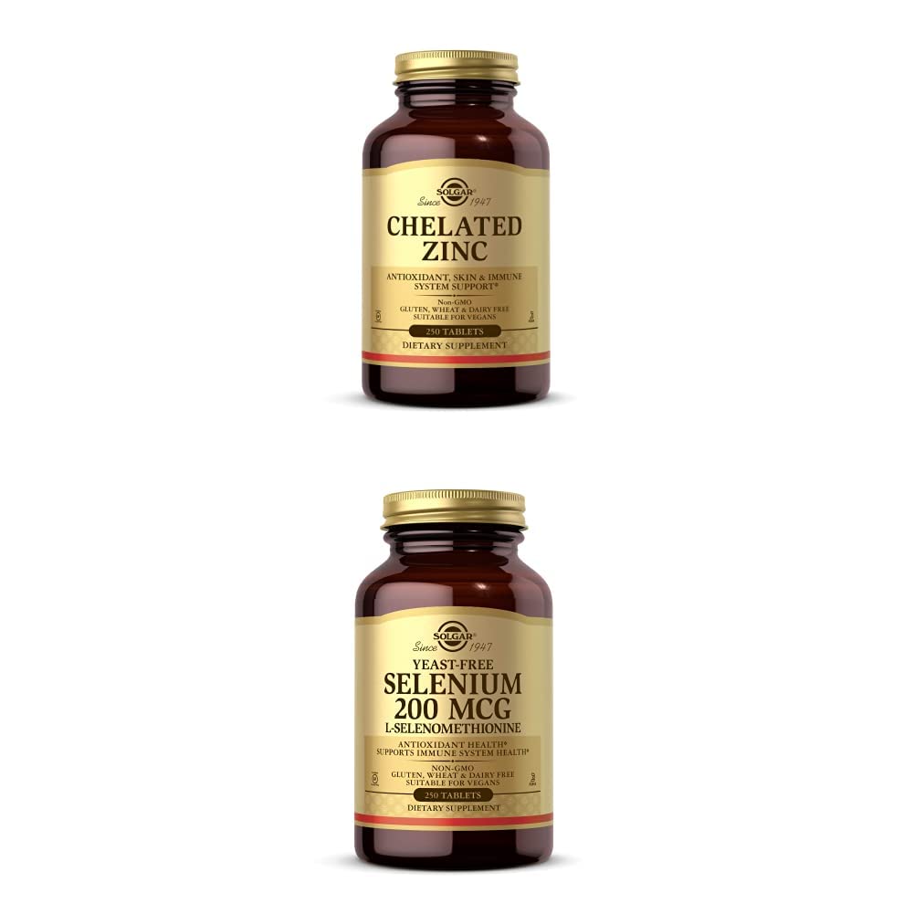 Solgar Chelated Zinc, 250 Tablets - Zinc for Healthy Skin + Solgar Yeast-Free Selenium 200 mcg, 250 Tablets - Supports Antioxidant & Immune System Health