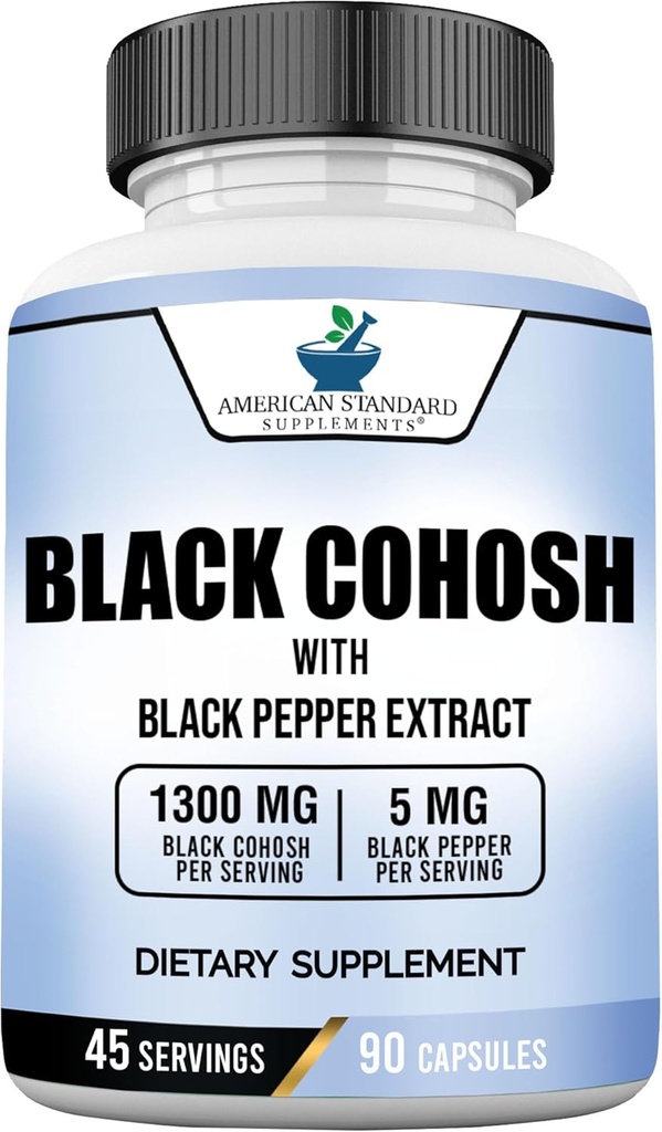 American Standard Supplements Black Cohosh 1300mg Per Black Pepper Fruit Extract - Vegan, Gluten Free, Non-GMO, 90 Capsules, 45 Servisler