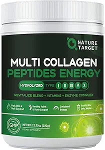 NAT TARGET Multi-Collagen-Peptides-Powder - Hydrolyzed Collagen with Energy Mix + Multivitamin & Minerals, Supports Energy Skin Hair Nail & Joint, Non-GMO, 35 Servisler