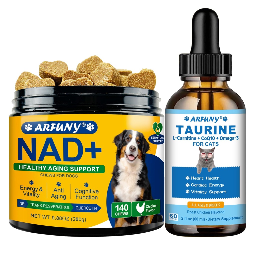 NAD+ Soft Chews for Dogs & Taurine Supplement for Cats - for Dogs Energy & Vitality, Anti-Aging, Cognitive Function - for Cat Heart Health, Cardiac Function Support - Cat Taurine Drops with L-Carnitin