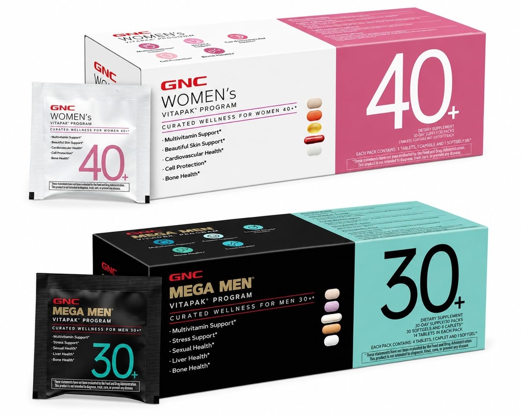GNC Men’s 30+ & Women’s 40+ Vitapak Bundle (2 Items): Men’s 30+ Vitapak (30 Servings) & Women’s 40+ Vitapak (30 Servings)