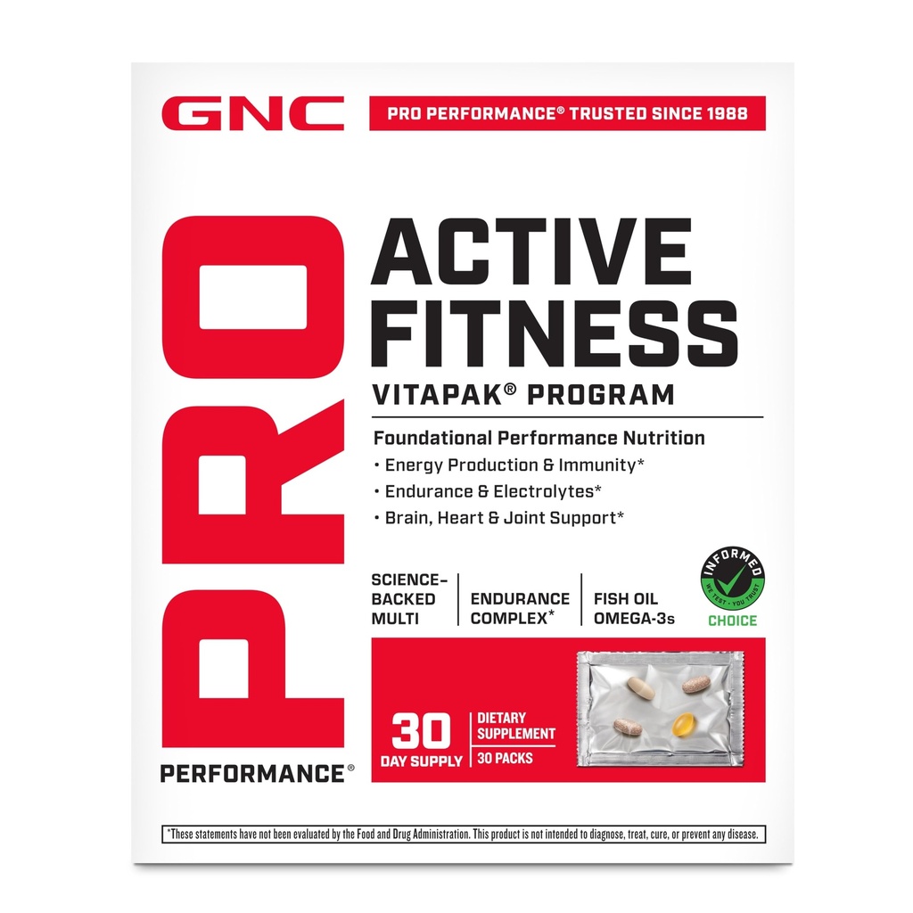 GNC Pro Performance Active Fitness Vitapak Program - Daily Multivitamin for Energy, Immunity & Endurance Support - Electrolytes & Omega-3s - Travel-Friendly Packets - Gluten-Free - 1 Month Supply