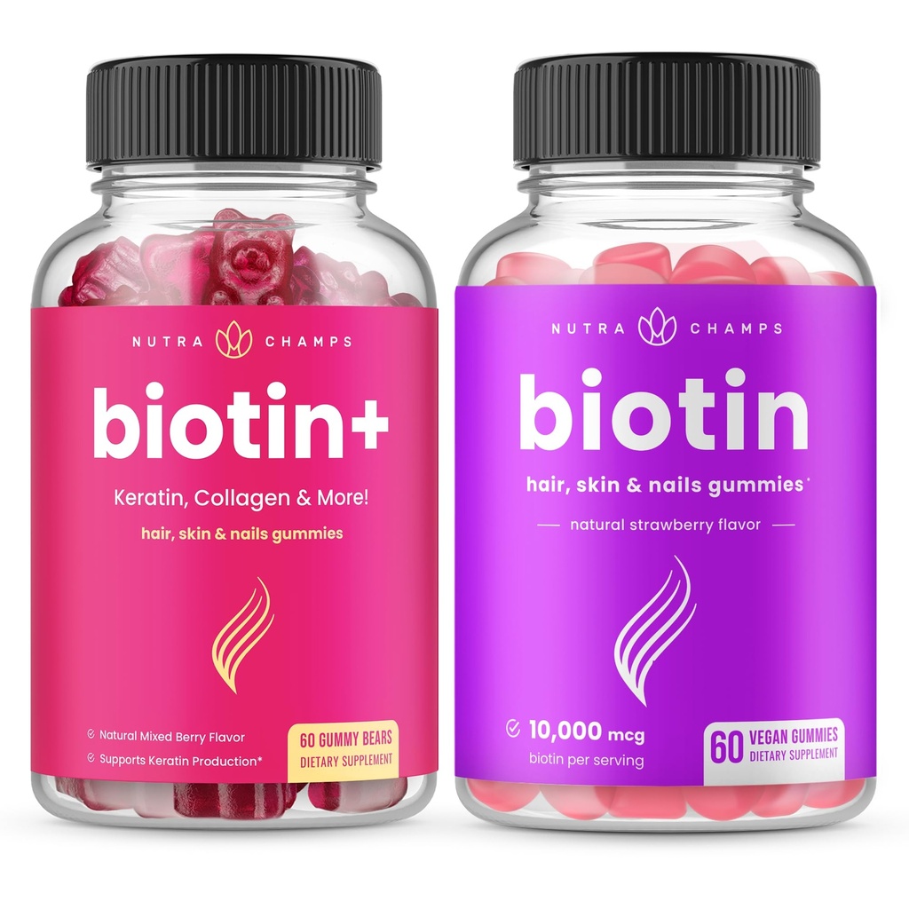 NutraChamps Biotin+ & Biotin. Saç, Cilt ve Çiçekler için komple Duo.