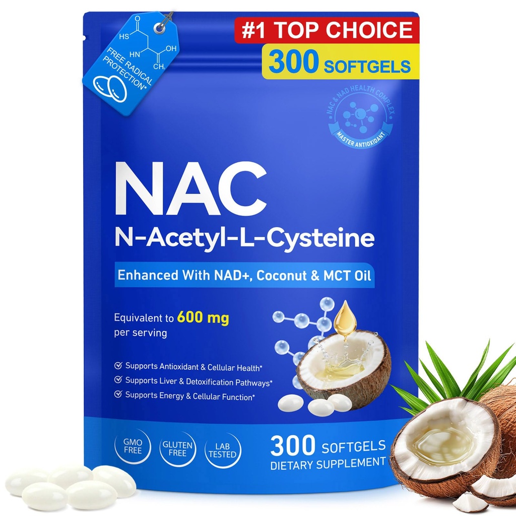 Triple-Action NAC 600mg with NAD+ & MCT Oil – Advanced Cellular & Liver Support Supplement, N-Acetyl Cysteine for Glutathione Production, Antioxidant & Immune Defense, 100-Day Supply, Non-GMO