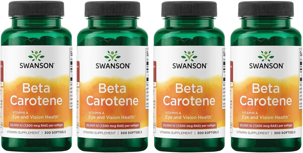 Swanson Beta-Carotene Vitamini 25000 IU Softgels - Skin, Eye ve Immune System Health - Antioksi Support - 7500 mcg (300 Softgels) (4 Pack)
