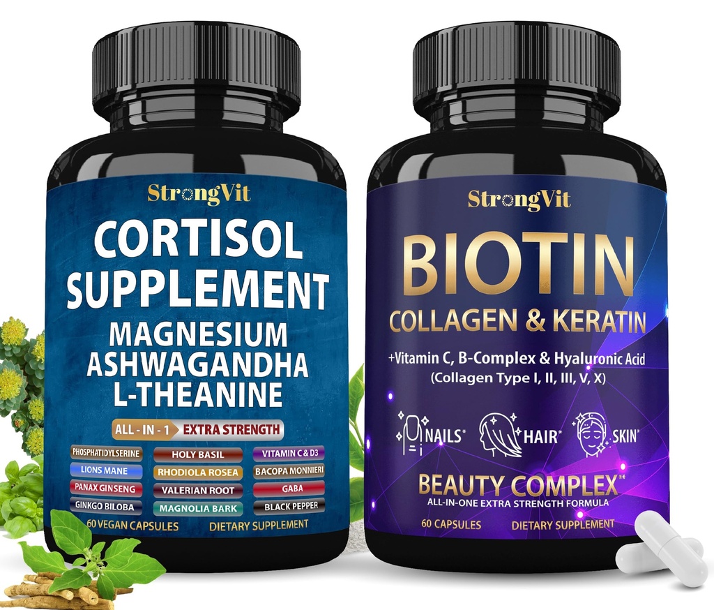 StrongVit Cortisol Supplement & Biotin Complex Bundle (120 Capsules)