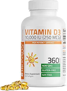 Bronson Vitamin D3 10.000 İ (250 mcg) Yüksek Potency - Sağlıklı Immune Sistemi, Güçlü Bones, Kass & Teeth - Non GMO, 360 Softgels (1 Yıl Supply)