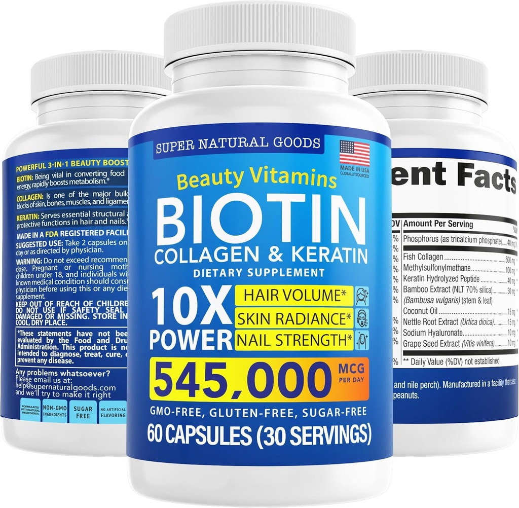 Biotin and Collagen Vitamins + Keratin with Folate - Hair Loss Treatments for Women & Men - Follicle, Skin and Nails Supplements for Hair Growth & Postpartum Support - GMO Free & Gluten Free (60 Caps)