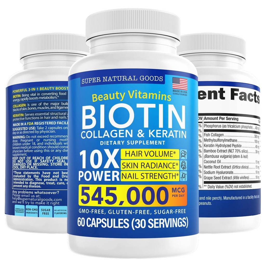 Biotin ve Collagen Vitamins + Keratin ile Folate - Kadınlar ve Erkekler için Saç Kayıp Tedavileri - Follicle, Skin ve Nails Saç Büyüme ve Postpartum Desteği - GMO Free & Gluten Free (60 Caps)