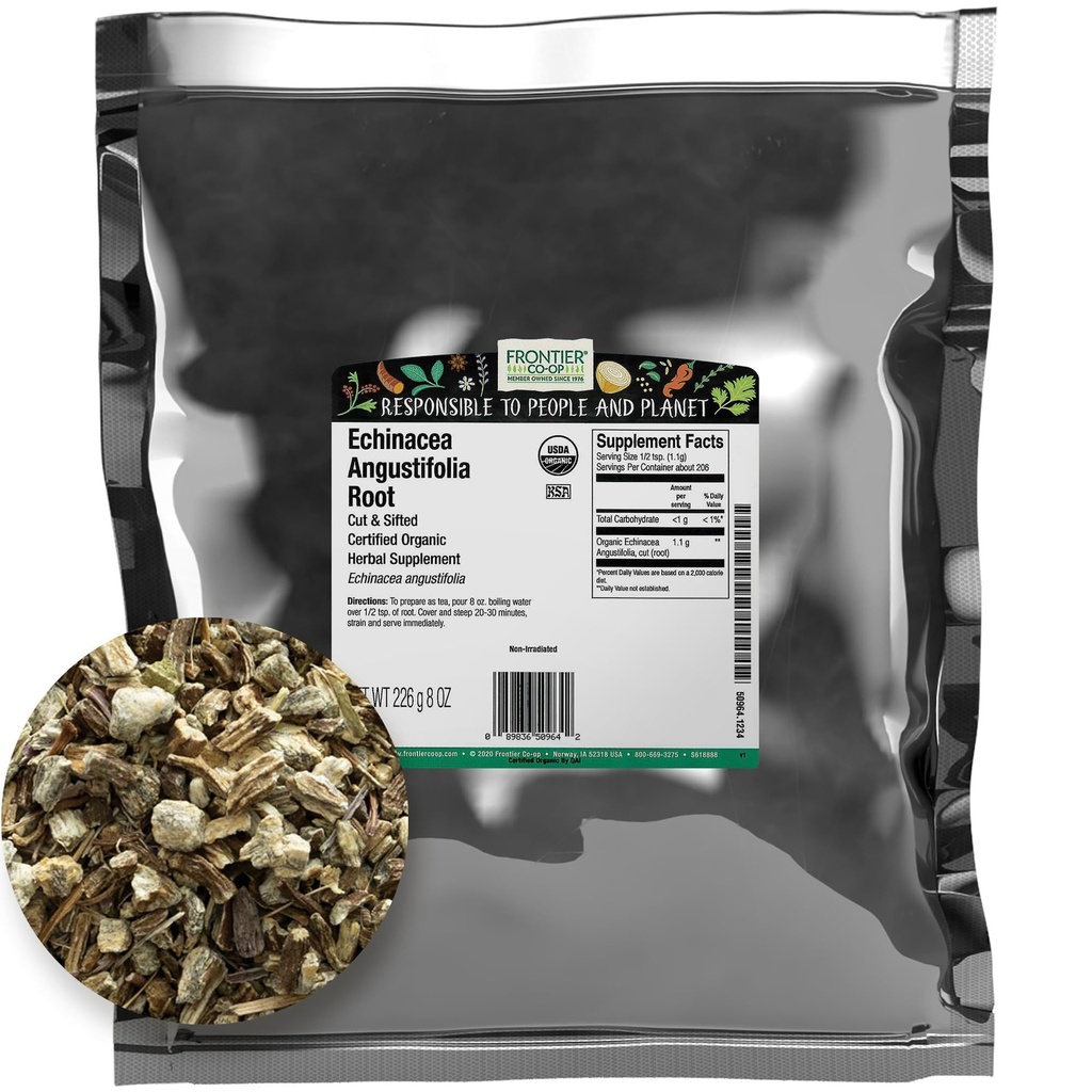 Frontier Co-op kuru Echinacea Angustifolia Root, Cut ve Sifted, 8oz, sertifikalı Organik Echinacea Root - Çay ve Herbal Remedies, Kosher