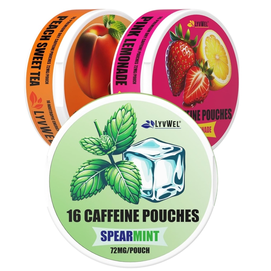 LyvWel 72mg Caffeine Energy Pouches – Spearmint, Peach Sweet Tea, Pink Lemonade – Clean Energy & Focus with Guarana – 3-Pack (48 Total Pouches)