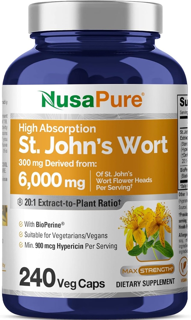 NusaPure St. John's Wort 20:1 Ekstraksiyon, 300 mg 6.000 mg 240 Veggie Capsules (Vegetarian, Non-GMO) Bioperine